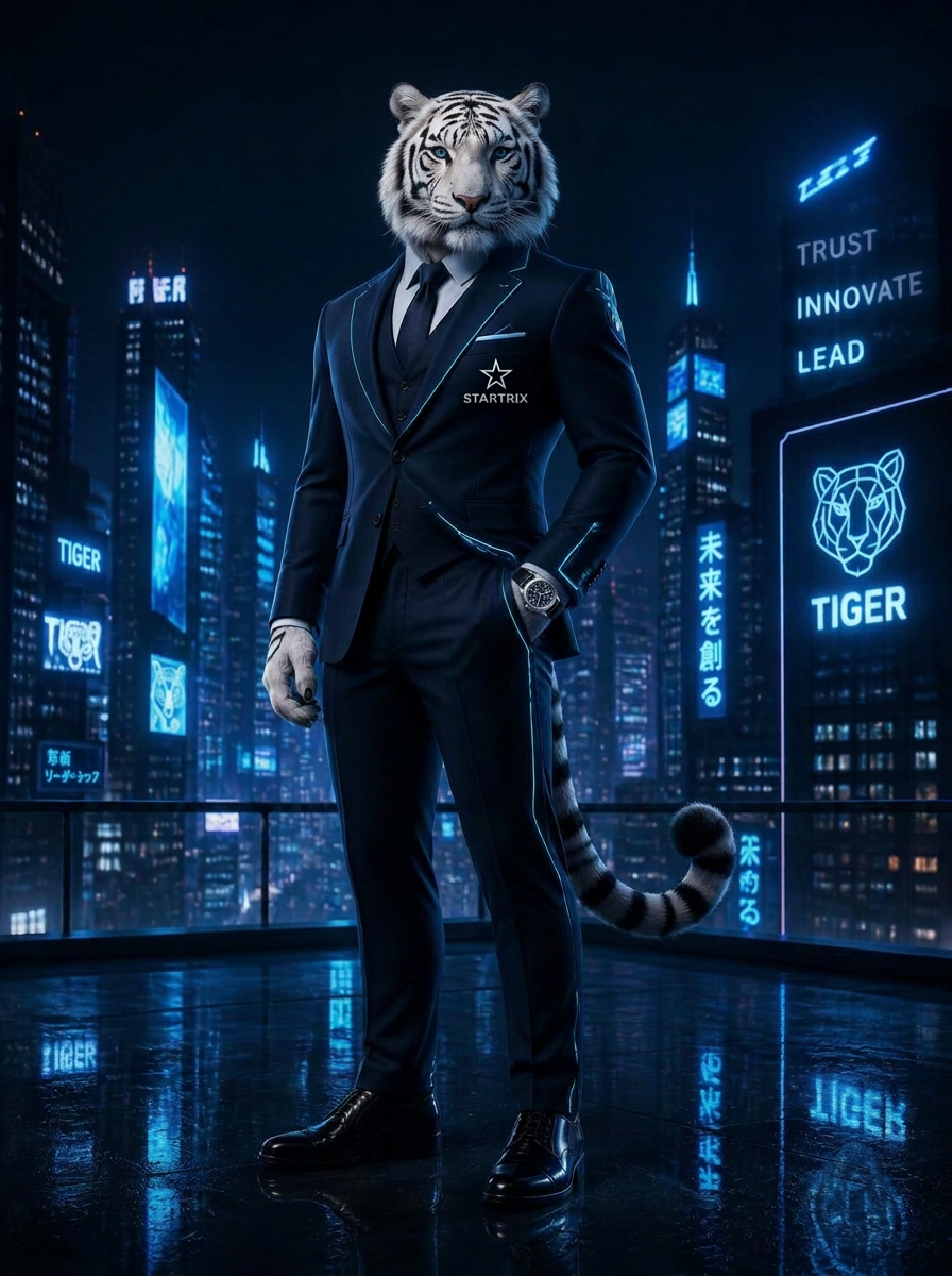 Mascote da StarTrix Sistemas: tigre branco de terno em uma cidade futurista